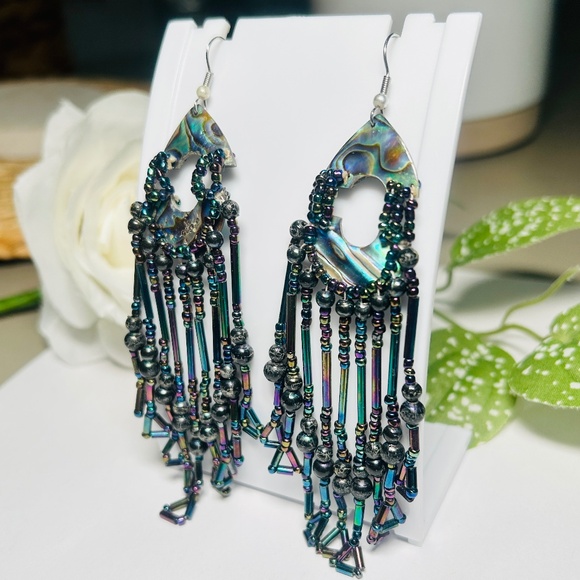 Intricate Mother of Pearl, Abalone Shell Aurora Borealis Seed Bead Earrings - Picture 2 of 6